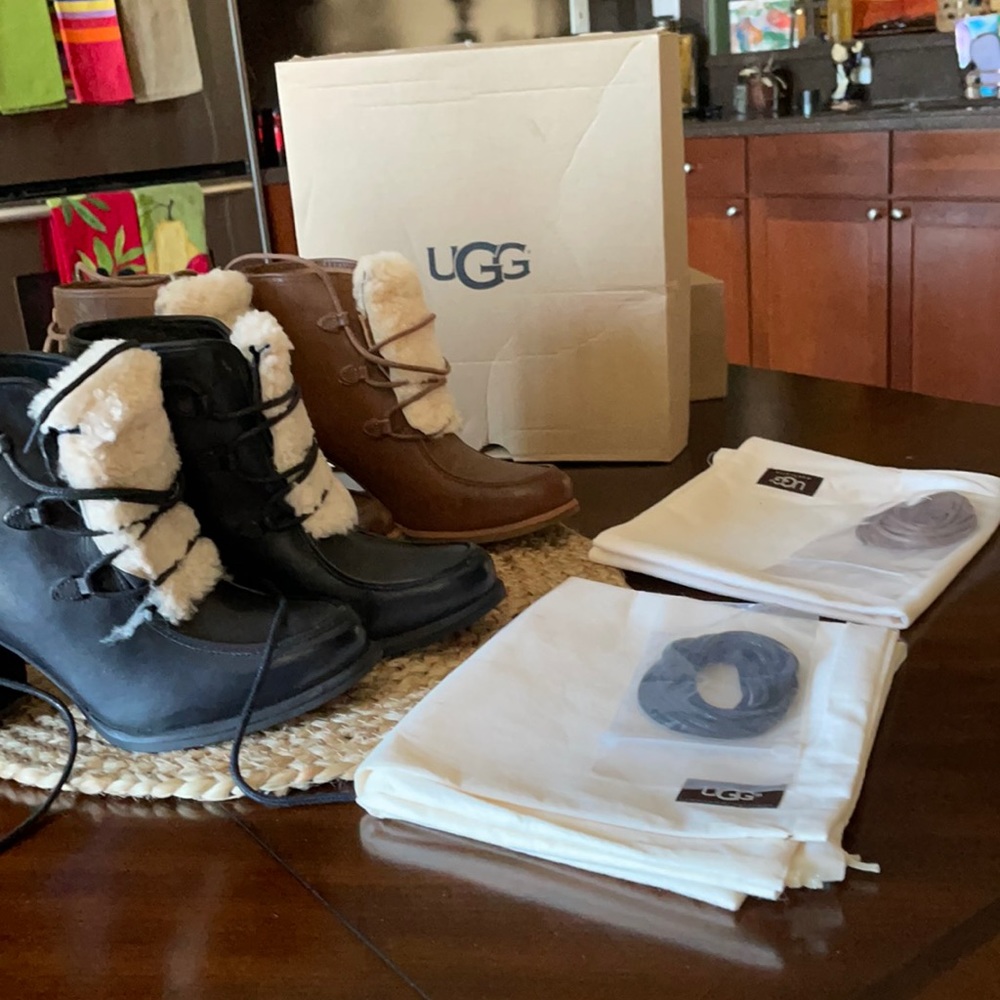 UGG Analise Exposed fur lace up boots.